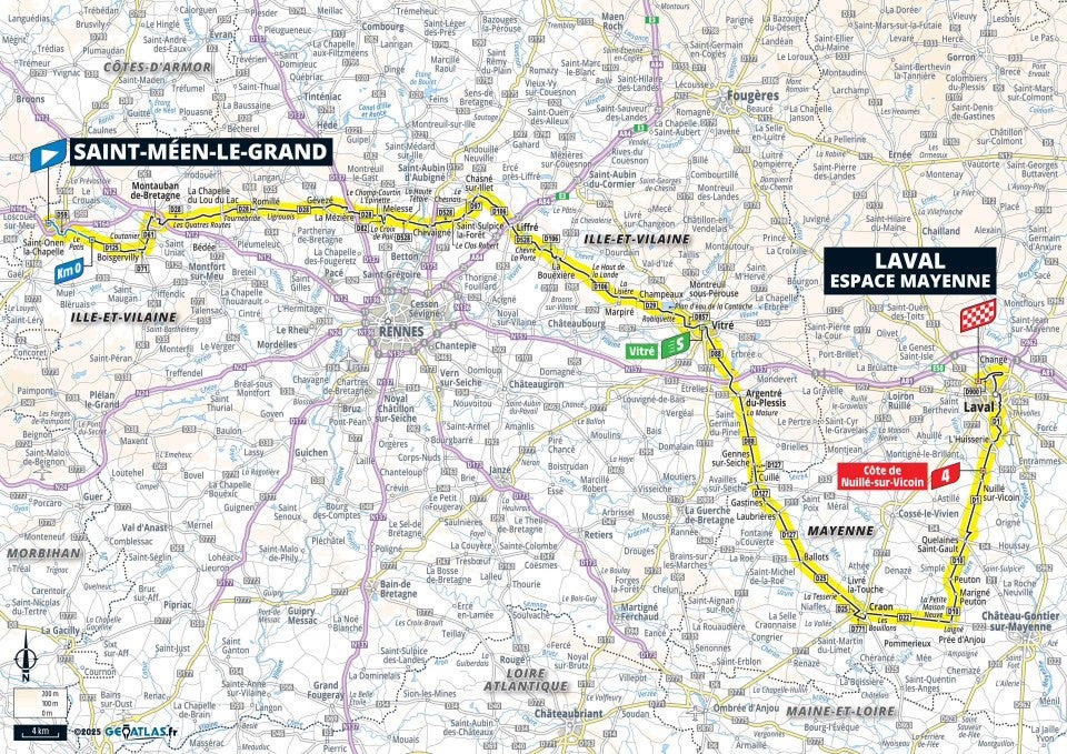 Stage 1: Lille Metropole - Lille Metropole, 185km - Flat, Stage 2: Lauwin-Planque - Bologne-sur-Mer, 212km - Hilly, Stage 3: Valenciennes - Dunkerque, 178km - Flat, Stage 4: Amiens Metropole - Rouen, 173km - Hilly, Stage 5: Caen - Caen, 33km - Individual Time Trial, Stage 6: Bayeux - Vire Normandie, 201km - Hilly, Stage 7: Saint-Malo - Mur-de-Bretagne Guerledan, 194km - Hilly, Stage 8: Saint-Meen-le-Grand - Laval Espace Mayenne, 174km - Flat, Stage 9: Chinon - Chateauroux, 170km - Flat, Stage 10: Ennezat - Le Mont-Dore Puy de Sancy, 163km - Mountain, Stage 11: Toulouse - Toulouse, 154km - Flat, Stage 12: Auch - Hautacam, 181km - Mountain finish, Stage 13: Loudenvielle - Peyragudes, 11km - Individual Time Trial, Stage 14: Pau - Luchon-Superbagneres, 183km - Mountain finish, Stage 15: Muret - Carcassonne, 169km - Hilly, Stage 16: Montpellier - Mont Ventoux, 172km - Mountain finish, Stage 17: Bollene - Valence, 161km - Flat, Stage 18: Vif - Courchevel Col de la Loze, 171km - Mountain finish, Stage 19: Albertville - La Plagne, 130km - Mountain, Stage 20: Nantua - Pontarlier, 185km - Hilly, Stage 21: Mantes-la-Ville - Paris Champs-Elysees, 120km - Flat
