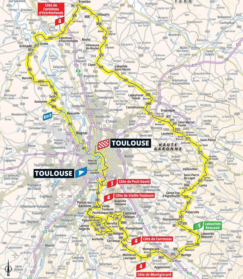 Stage 1: Lille Metropole - Lille Metropole, 185km - Flat, Stage 2: Lauwin-Planque - Bologne-sur-Mer, 212km - Hilly, Stage 3: Valenciennes - Dunkerque, 178km - Flat, Stage 4: Amiens Metropole - Rouen, 173km - Hilly, Stage 5: Caen - Caen, 33km - Individual Time Trial, Stage 6: Bayeux - Vire Normandie, 201km - Hilly, Stage 7: Saint-Malo - Mur-de-Bretagne Guerledan, 194km - Hilly, Stage 8: Saint-Meen-le-Grand - Laval Espace Mayenne, 174km - Flat, Stage 9: Chinon - Chateauroux, 170km - Flat, Stage 10: Ennezat - Le Mont-Dore Puy de Sancy, 163km - Mountain, Stage 11: Toulouse - Toulouse, 154km - Flat, Stage 12: Auch - Hautacam, 181km - Mountain finish, Stage 13: Loudenvielle - Peyragudes, 11km - Individual Time Trial, Stage 14: Pau - Luchon-Superbagneres, 183km - Mountain finish, Stage 15: Muret - Carcassonne, 169km - Hilly, Stage 16: Montpellier - Mont Ventoux, 172km - Mountain finish, Stage 17: Bollene - Valence, 161km - Flat, Stage 18: Vif - Courchevel Col de la Loze, 171km - Mountain finish, Stage 19: Albertville - La Plagne, 130km - Mountain, Stage 20: Nantua - Pontarlier, 185km - Hilly, Stage 21: Mantes-la-Ville - Paris Champs-Elysees, 120km - Flat