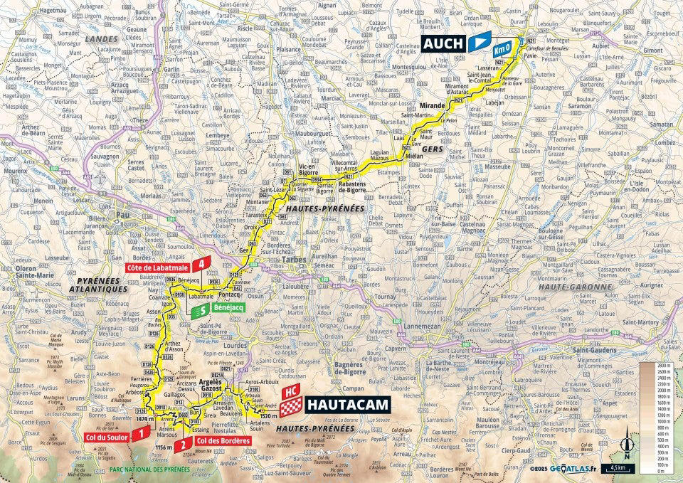 Stage 1: Lille Metropole - Lille Metropole, 185km - Flat, Stage 2: Lauwin-Planque - Bologne-sur-Mer, 212km - Hilly, Stage 3: Valenciennes - Dunkerque, 178km - Flat, Stage 4: Amiens Metropole - Rouen, 173km - Hilly, Stage 5: Caen - Caen, 33km - Individual Time Trial, Stage 6: Bayeux - Vire Normandie, 201km - Hilly, Stage 7: Saint-Malo - Mur-de-Bretagne Guerledan, 194km - Hilly, Stage 8: Saint-Meen-le-Grand - Laval Espace Mayenne, 174km - Flat, Stage 9: Chinon - Chateauroux, 170km - Flat, Stage 10: Ennezat - Le Mont-Dore Puy de Sancy, 163km - Mountain, Stage 11: Toulouse - Toulouse, 154km - Flat, Stage 12: Auch - Hautacam, 181km - Mountain finish, Stage 13: Loudenvielle - Peyragudes, 11km - Individual Time Trial, Stage 14: Pau - Luchon-Superbagneres, 183km - Mountain finish, Stage 15: Muret - Carcassonne, 169km - Hilly, Stage 16: Montpellier - Mont Ventoux, 172km - Mountain finish, Stage 17: Bollene - Valence, 161km - Flat, Stage 18: Vif - Courchevel Col de la Loze, 171km - Mountain finish, Stage 19: Albertville - La Plagne, 130km - Mountain, Stage 20: Nantua - Pontarlier, 185km - Hilly, Stage 21: Mantes-la-Ville - Paris Champs-Elysees, 120km - Flat