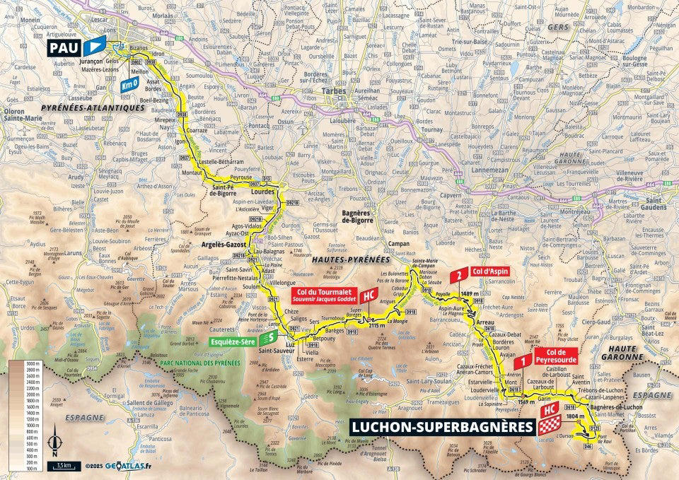 Stage 1: Lille Metropole - Lille Metropole, 185km - Flat, Stage 2: Lauwin-Planque - Bologne-sur-Mer, 212km - Hilly, Stage 3: Valenciennes - Dunkerque, 178km - Flat, Stage 4: Amiens Metropole - Rouen, 173km - Hilly, Stage 5: Caen - Caen, 33km - Individual Time Trial, Stage 6: Bayeux - Vire Normandie, 201km - Hilly, Stage 7: Saint-Malo - Mur-de-Bretagne Guerledan, 194km - Hilly, Stage 8: Saint-Meen-le-Grand - Laval Espace Mayenne, 174km - Flat, Stage 9: Chinon - Chateauroux, 170km - Flat, Stage 10: Ennezat - Le Mont-Dore Puy de Sancy, 163km - Mountain, Stage 11: Toulouse - Toulouse, 154km - Flat, Stage 12: Auch - Hautacam, 181km - Mountain finish, Stage 13: Loudenvielle - Peyragudes, 11km - Individual Time Trial, Stage 14: Pau - Luchon-Superbagneres, 183km - Mountain finish, Stage 15: Muret - Carcassonne, 169km - Hilly, Stage 16: Montpellier - Mont Ventoux, 172km - Mountain finish, Stage 17: Bollene - Valence, 161km - Flat, Stage 18: Vif - Courchevel Col de la Loze, 171km - Mountain finish, Stage 19: Albertville - La Plagne, 130km - Mountain, Stage 20: Nantua - Pontarlier, 185km - Hilly, Stage 21: Mantes-la-Ville - Paris Champs-Elysees, 120km - Flat