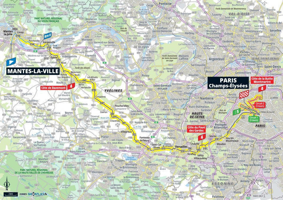Stage 1: Lille Metropole - Lille Metropole, 185km - Flat, Stage 2: Lauwin-Planque - Bologne-sur-Mer, 212km - Hilly, Stage 3: Valenciennes - Dunkerque, 178km - Flat, Stage 4: Amiens Metropole - Rouen, 173km - Hilly, Stage 5: Caen - Caen, 33km - Individual Time Trial, Stage 6: Bayeux - Vire Normandie, 201km - Hilly, Stage 7: Saint-Malo - Mur-de-Bretagne Guerledan, 194km - Hilly, Stage 8: Saint-Meen-le-Grand - Laval Espace Mayenne, 174km - Flat, Stage 9: Chinon - Chateauroux, 170km - Flat, Stage 10: Ennezat - Le Mont-Dore Puy de Sancy, 163km - Mountain, Stage 11: Toulouse - Toulouse, 154km - Flat, Stage 12: Auch - Hautacam, 181km - Mountain finish, Stage 13: Loudenvielle - Peyragudes, 11km - Individual Time Trial, Stage 14: Pau - Luchon-Superbagneres, 183km - Mountain finish, Stage 15: Muret - Carcassonne, 169km - Hilly, Stage 16: Montpellier - Mont Ventoux, 172km - Mountain finish, Stage 17: Bollene - Valence, 161km - Flat, Stage 18: Vif - Courchevel Col de la Loze, 171km - Mountain finish, Stage 19: Albertville - La Plagne, 130km - Mountain, Stage 20: Nantua - Pontarlier, 185km - Hilly, Stage 21: Mantes-la-Ville - Paris Champs-Elysees, 120km - Flat