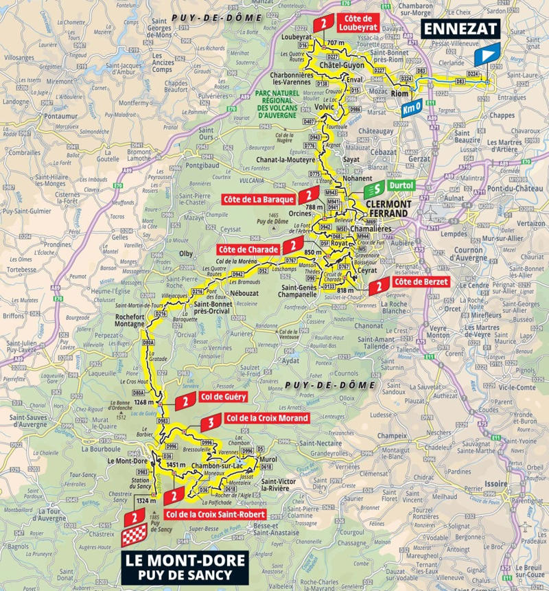Stage 1: Lille Metropole - Lille Metropole, 185km - Flat, Stage 2: Lauwin-Planque - Bologne-sur-Mer, 212km - Hilly, Stage 3: Valenciennes - Dunkerque, 178km - Flat, Stage 4: Amiens Metropole - Rouen, 173km - Hilly, Stage 5: Caen - Caen, 33km - Individual Time Trial, Stage 6: Bayeux - Vire Normandie, 201km - Hilly, Stage 7: Saint-Malo - Mur-de-Bretagne Guerledan, 194km - Hilly, Stage 8: Saint-Meen-le-Grand - Laval Espace Mayenne, 174km - Flat, Stage 9: Chinon - Chateauroux, 170km - Flat, Stage 10: Ennezat - Le Mont-Dore Puy de Sancy, 163km - Mountain, Stage 11: Toulouse - Toulouse, 154km - Flat, Stage 12: Auch - Hautacam, 181km - Mountain finish, Stage 13: Loudenvielle - Peyragudes, 11km - Individual Time Trial, Stage 14: Pau - Luchon-Superbagneres, 183km - Mountain finish, Stage 15: Muret - Carcassonne, 169km - Hilly, Stage 16: Montpellier - Mont Ventoux, 172km - Mountain finish, Stage 17: Bollene - Valence, 161km - Flat, Stage 18: Vif - Courchevel Col de la Loze, 171km - Mountain finish, Stage 19: Albertville - La Plagne, 130km - Mountain, Stage 20: Nantua - Pontarlier, 185km - Hilly, Stage 21: Mantes-la-Ville - Paris Champs-Elysees, 120km - Flat
