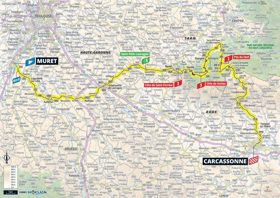 Stage 1: Lille Metropole - Lille Metropole, 185km - Flat, Stage 2: Lauwin-Planque - Bologne-sur-Mer, 212km - Hilly, Stage 3: Valenciennes - Dunkerque, 178km - Flat, Stage 4: Amiens Metropole - Rouen, 173km - Hilly, Stage 5: Caen - Caen, 33km - Individual Time Trial, Stage 6: Bayeux - Vire Normandie, 201km - Hilly, Stage 7: Saint-Malo - Mur-de-Bretagne Guerledan, 194km - Hilly, Stage 8: Saint-Meen-le-Grand - Laval Espace Mayenne, 174km - Flat, Stage 9: Chinon - Chateauroux, 170km - Flat, Stage 10: Ennezat - Le Mont-Dore Puy de Sancy, 163km - Mountain, Stage 11: Toulouse - Toulouse, 154km - Flat, Stage 12: Auch - Hautacam, 181km - Mountain finish, Stage 13: Loudenvielle - Peyragudes, 11km - Individual Time Trial, Stage 14: Pau - Luchon-Superbagneres, 183km - Mountain finish, Stage 15: Muret - Carcassonne, 169km - Hilly, Stage 16: Montpellier - Mont Ventoux, 172km - Mountain finish, Stage 17: Bollene - Valence, 161km - Flat, Stage 18: Vif - Courchevel Col de la Loze, 171km - Mountain finish, Stage 19: Albertville - La Plagne, 130km - Mountain, Stage 20: Nantua - Pontarlier, 185km - Hilly, Stage 21: Mantes-la-Ville - Paris Champs-Elysees, 120km - Flat