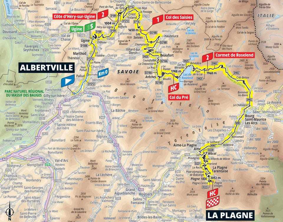 Stage 1: Lille Metropole - Lille Metropole, 185km - Flat, Stage 2: Lauwin-Planque - Bologne-sur-Mer, 212km - Hilly, Stage 3: Valenciennes - Dunkerque, 178km - Flat, Stage 4: Amiens Metropole - Rouen, 173km - Hilly, Stage 5: Caen - Caen, 33km - Individual Time Trial, Stage 6: Bayeux - Vire Normandie, 201km - Hilly, Stage 7: Saint-Malo - Mur-de-Bretagne Guerledan, 194km - Hilly, Stage 8: Saint-Meen-le-Grand - Laval Espace Mayenne, 174km - Flat, Stage 9: Chinon - Chateauroux, 170km - Flat, Stage 10: Ennezat - Le Mont-Dore Puy de Sancy, 163km - Mountain, Stage 11: Toulouse - Toulouse, 154km - Flat, Stage 12: Auch - Hautacam, 181km - Mountain finish, Stage 13: Loudenvielle - Peyragudes, 11km - Individual Time Trial, Stage 14: Pau - Luchon-Superbagneres, 183km - Mountain finish, Stage 15: Muret - Carcassonne, 169km - Hilly, Stage 16: Montpellier - Mont Ventoux, 172km - Mountain finish, Stage 17: Bollene - Valence, 161km - Flat, Stage 18: Vif - Courchevel Col de la Loze, 171km - Mountain finish, Stage 19: Albertville - La Plagne, 130km - Mountain, Stage 20: Nantua - Pontarlier, 185km - Hilly, Stage 21: Mantes-la-Ville - Paris Champs-Elysees, 120km - Flat