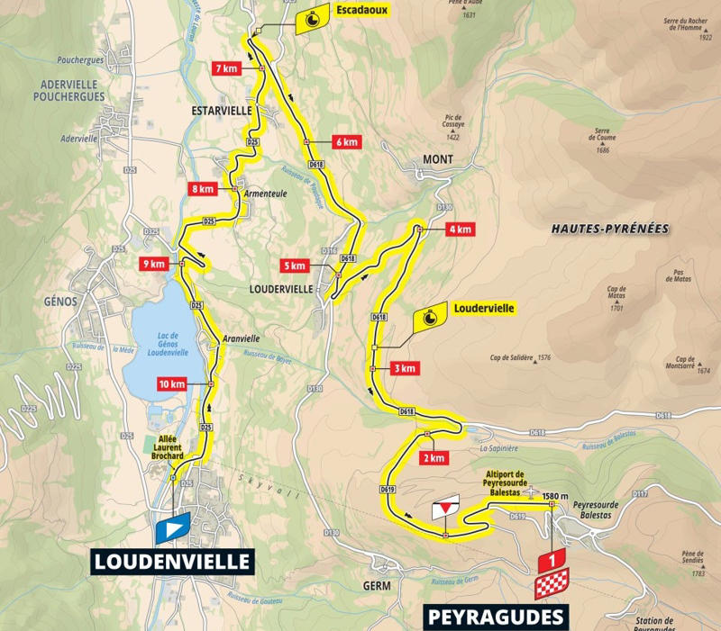 Stage 1: Lille Metropole - Lille Metropole, 185km - Flat, Stage 2: Lauwin-Planque - Bologne-sur-Mer, 212km - Hilly, Stage 3: Valenciennes - Dunkerque, 178km - Flat, Stage 4: Amiens Metropole - Rouen, 173km - Hilly, Stage 5: Caen - Caen, 33km - Individual Time Trial, Stage 6: Bayeux - Vire Normandie, 201km - Hilly, Stage 7: Saint-Malo - Mur-de-Bretagne Guerledan, 194km - Hilly, Stage 8: Saint-Meen-le-Grand - Laval Espace Mayenne, 174km - Flat, Stage 9: Chinon - Chateauroux, 170km - Flat, Stage 10: Ennezat - Le Mont-Dore Puy de Sancy, 163km - Mountain, Stage 11: Toulouse - Toulouse, 154km - Flat, Stage 12: Auch - Hautacam, 181km - Mountain finish, Stage 13: Loudenvielle - Peyragudes, 11km - Individual Time Trial, Stage 14: Pau - Luchon-Superbagneres, 183km - Mountain finish, Stage 15: Muret - Carcassonne, 169km - Hilly, Stage 16: Montpellier - Mont Ventoux, 172km - Mountain finish, Stage 17: Bollene - Valence, 161km - Flat, Stage 18: Vif - Courchevel Col de la Loze, 171km - Mountain finish, Stage 19: Albertville - La Plagne, 130km - Mountain, Stage 20: Nantua - Pontarlier, 185km - Hilly, Stage 21: Mantes-la-Ville - Paris Champs-Elysees, 120km - Flat