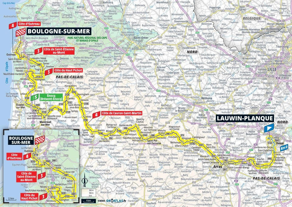 Stage 1: Lille Metropole - Lille Metropole, 185km - Flat, Stage 2: Lauwin-Planque - Bologne-sur-Mer, 212km - Hilly, Stage 3: Valenciennes - Dunkerque, 178km - Flat, Stage 4: Amiens Metropole - Rouen, 173km - Hilly, Stage 5: Caen - Caen, 33km - Individual Time Trial, Stage 6: Bayeux - Vire Normandie, 201km - Hilly, Stage 7: Saint-Malo - Mur-de-Bretagne Guerledan, 194km - Hilly, Stage 8: Saint-Meen-le-Grand - Laval Espace Mayenne, 174km - Flat, Stage 9: Chinon - Chateauroux, 170km - Flat, Stage 10: Ennezat - Le Mont-Dore Puy de Sancy, 163km - Mountain, Stage 11: Toulouse - Toulouse, 154km - Flat, Stage 12: Auch - Hautacam, 181km - Mountain finish, Stage 13: Loudenvielle - Peyragudes, 11km - Individual Time Trial, Stage 14: Pau - Luchon-Superbagneres, 183km - Mountain finish, Stage 15: Muret - Carcassonne, 169km - Hilly, Stage 16: Montpellier - Mont Ventoux, 172km - Mountain finish, Stage 17: Bollene - Valence, 161km - Flat, Stage 18: Vif - Courchevel Col de la Loze, 171km - Mountain finish, Stage 19: Albertville - La Plagne, 130km - Mountain, Stage 20: Nantua - Pontarlier, 185km - Hilly, Stage 21: Mantes-la-Ville - Paris Champs-Elysees, 120km - Flat