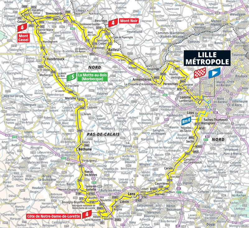 Stage 1: Lille Metropole - Lille Metropole, 185km - Flat, Stage 2: Lauwin-Planque - Bologne-sur-Mer, 212km - Hilly, Stage 3: Valenciennes - Dunkerque, 178km - Flat, Stage 4: Amiens Metropole - Rouen, 173km - Hilly, Stage 5: Caen - Caen, 33km - Individual Time Trial, Stage 6: Bayeux - Vire Normandie, 201km - Hilly, Stage 7: Saint-Malo - Mur-de-Bretagne Guerledan, 194km - Hilly, Stage 8: Saint-Meen-le-Grand - Laval Espace Mayenne, 174km - Flat, Stage 9: Chinon - Chateauroux, 170km - Flat, Stage 10: Ennezat - Le Mont-Dore Puy de Sancy, 163km - Mountain, Stage 11: Toulouse - Toulouse, 154km - Flat, Stage 12: Auch - Hautacam, 181km - Mountain finish, Stage 13: Loudenvielle - Peyragudes, 11km - Individual Time Trial, Stage 14: Pau - Luchon-Superbagneres, 183km - Mountain finish, Stage 15: Muret - Carcassonne, 169km - Hilly, Stage 16: Montpellier - Mont Ventoux, 172km - Mountain finish, Stage 17: Bollene - Valence, 161km - Flat, Stage 18: Vif - Courchevel Col de la Loze, 171km - Mountain finish, Stage 19: Albertville - La Plagne, 130km - Mountain, Stage 20: Nantua - Pontarlier, 185km - Hilly, Stage 21: Mantes-la-Ville - Paris Champs-Elysees, 120km - Flat