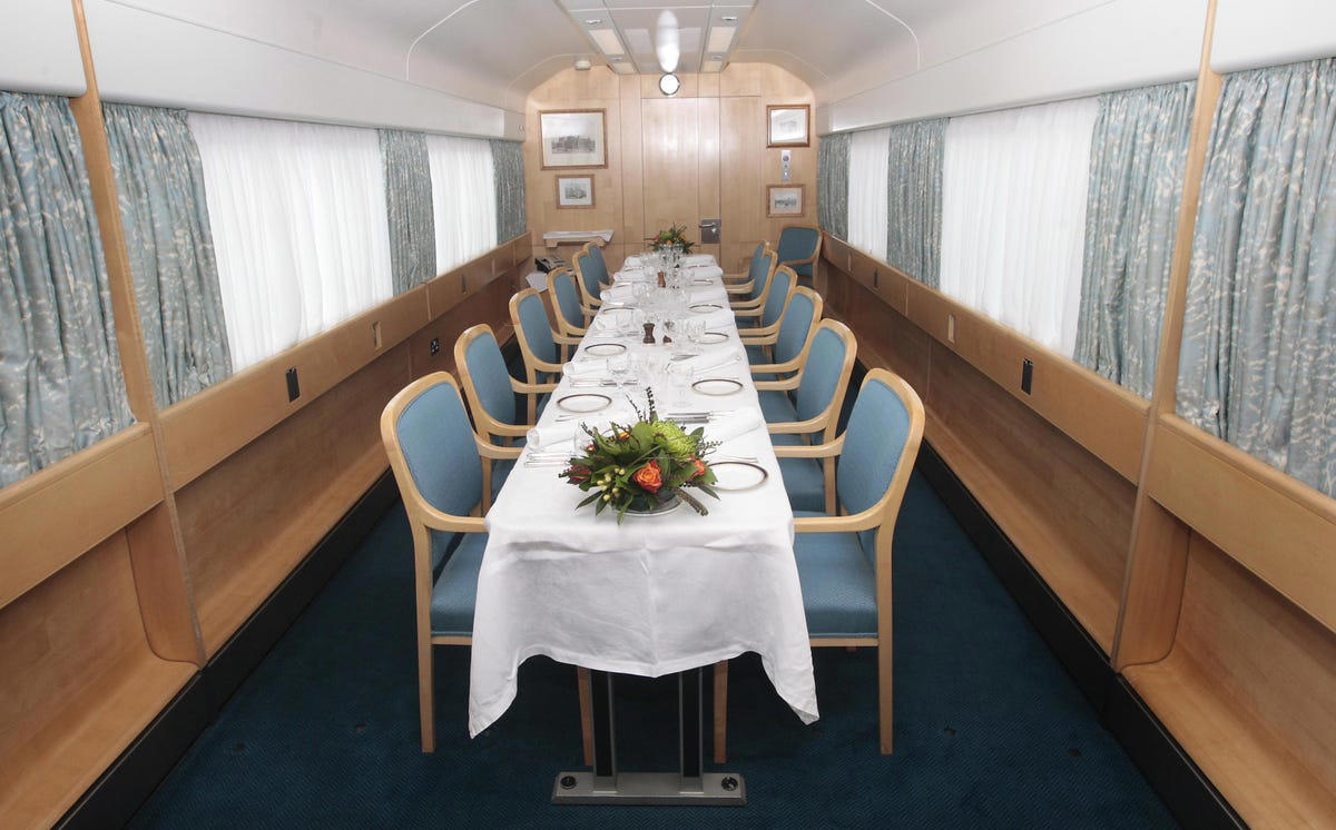 Queen Victoria became the first royal to take a train in 1842., The Royal Train was a state secret until 1946., The latest Royal Train was presented to Queen Elizabeth in 1977., It offers royal-worthy dining..., ...and a tub., It's never been the speediest. , Prince Harry has never ridden it. , It's expensive.