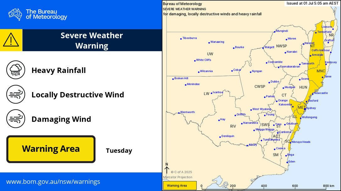 Key Points, Power to most houses to be restored tonight, energy company says, Mapped: Flood watches and warnings today, Entire NSW coastline under coastal hazard warning as dangerous surf continues, Photos: Waterlogging and fallen trees after heavy rain and winds batter NSW, SES responds to thousands of incidents as flash flooding threat grows, Repeated flooding likely to worsen, experts warn, Victoria border communities on watch as storm threatens to shift south, Travel chaos continues as 55 domestic flights cancelled, Low pressure system seen off the coast of NSW, Flood warnings issued for parts of Sydney, Power restored to 30,000 customers, thousands still in the dark, Authorities warn of higher number of emergency calls, What is a ‘bomb cyclone’?, More than 29,000 homes still without power, Severe weather to persist on Wednesday, forecasters say, 140 Sydney flights cancelled amid wild weather; travel insurance warning issued, Which direction is the coastal low heading?, Watch: Coastal residents told to 'evacuate now', Single runway operation begins at Sydney airport, Weather system expected to shift offshore on Wednesday, Qantas cancels arrival celebrations in Sydney for longest commercial flight, Climate change and warm oceans may be fuelling storm intensity, Summary: Here's what you need to know about the storm hitting Australia, Emergency services deployed as storm damage mounts, Over 20 road closures as storm wreaks havoc on NSW transport, Full story: Australia flights cancelled as bomb cyclone hits New South Wales, Power outages climb to 30,000 as storm batters NSW, Video: Wind gusts and large swells in Sydney, Ferries and trains suspended as storm causes major transport chaos in NSW, Mapped: Areas under rainfall and wind warning, Fallen trees spark car crashes on NSW coast, Tens of thousands without power as storm lashes NSW coast, Photos: Large swells seen at beaches, Severe weather to persist tomorrow, easing by Friday, forecasters say, Flights cancelled as storm disrupts Sydney Airport, 'Sheer size' of system is 'enormous', minister says, Emergency evacuations underway on Central Coast as storm batters coastline, 'Stay indoors’ warning as bomb cyclone pummels Australia’s east coast, Sydney Airport down to single runway as winds batter flights