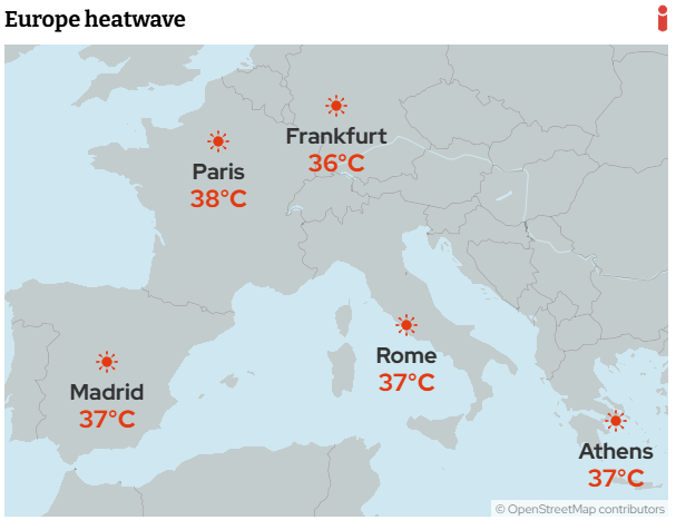 Iberia and France ‘expected to exceed 40°C’, How widespread is the heatwave?, Major wildfire and partial Eiffel Tower closure, Archeological sites in Greece restricting opening times, Some relief expected in the UK, Heatwaves and travel, Residents urged to take ‘sensible precautions’, Recognise signs of heat exhaustion and heat-stroke