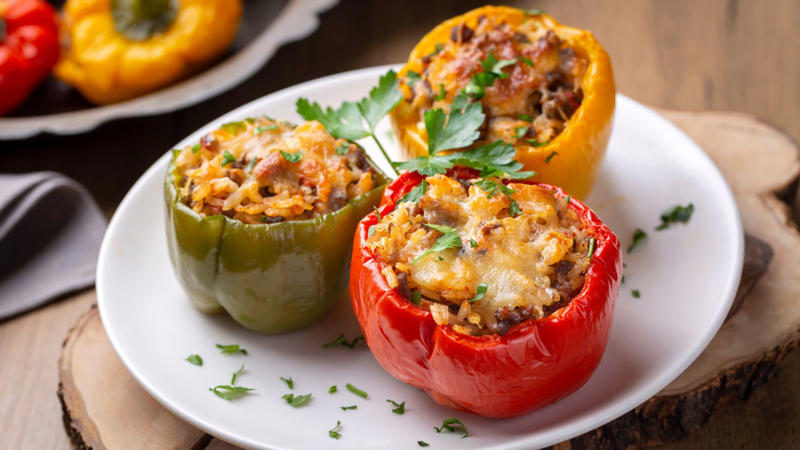 Stuffed Bell Peppers Jell-O Salad, Salisbury Steak, Ambrosia, Deviled Ham Spread, Chipped Beef on Toast, Tuna Noodle Casserole, Stuffed Bell Peppers, Baked Alaska, Meatloaf, Corned Beef Hash, Shrimp Cocktail, Chicken à la King, Waldorf Salad