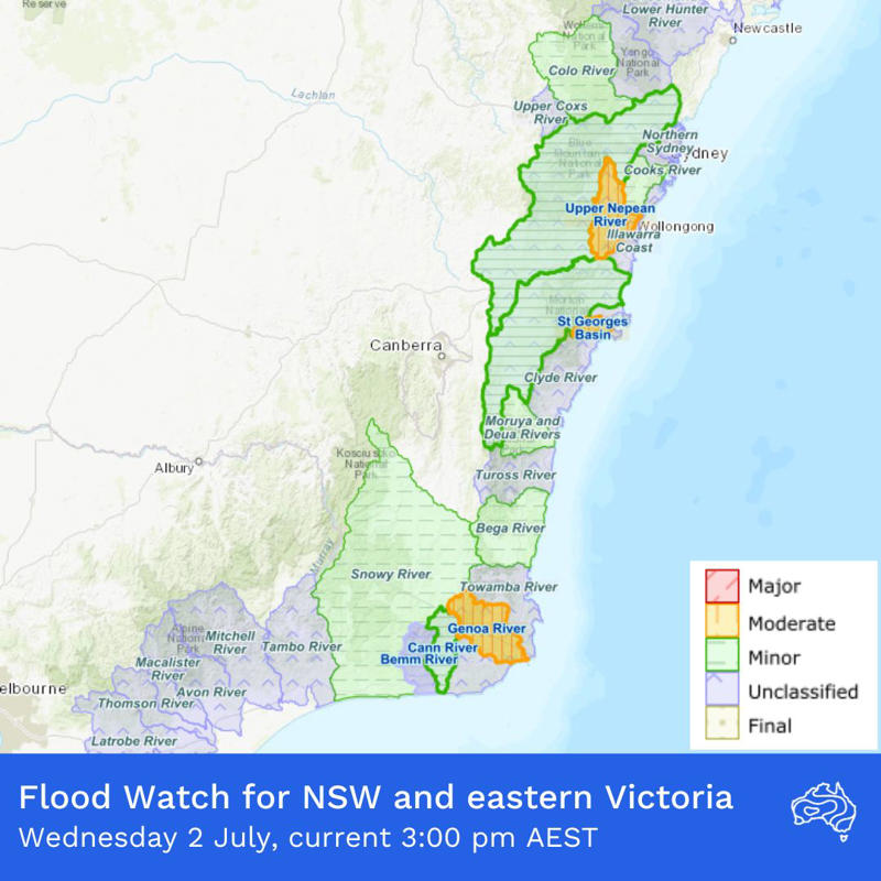 Key Points, Power to most houses to be restored tonight, energy company says, Mapped: Flood watches and warnings today, Entire NSW coastline under coastal hazard warning as dangerous surf continues, Photos: Waterlogging and fallen trees after heavy rain and winds batter NSW, SES responds to thousands of incidents as flash flooding threat grows, Repeated flooding likely to worsen, experts warn, Victoria border communities on watch as storm threatens to shift south, Travel chaos continues as 55 domestic flights cancelled, Low pressure system seen off the coast of NSW, Flood warnings issued for parts of Sydney, Power restored to 30,000 customers, thousands still in the dark, Authorities warn of higher number of emergency calls, What is a ‘bomb cyclone’?, More than 29,000 homes still without power, Severe weather to persist on Wednesday, forecasters say, 140 Sydney flights cancelled amid wild weather; travel insurance warning issued, Which direction is the coastal low heading?, Watch: Coastal residents told to 'evacuate now', Single runway operation begins at Sydney airport, Weather system expected to shift offshore on Wednesday, Qantas cancels arrival celebrations in Sydney for longest commercial flight, Climate change and warm oceans may be fuelling storm intensity, Summary: Here's what you need to know about the storm hitting Australia, Emergency services deployed as storm damage mounts, Over 20 road closures as storm wreaks havoc on NSW transport, Full story: Australia flights cancelled as bomb cyclone hits New South Wales, Power outages climb to 30,000 as storm batters NSW, Video: Wind gusts and large swells in Sydney, Ferries and trains suspended as storm causes major transport chaos in NSW, Mapped: Areas under rainfall and wind warning, Fallen trees spark car crashes on NSW coast, Tens of thousands without power as storm lashes NSW coast, Photos: Large swells seen at beaches, Severe weather to persist tomorrow, easing by Friday, forecasters say, Flights cancelled as storm disrupts Sydney Airport, 'Sheer size' of system is 'enormous', minister says, Emergency evacuations underway on Central Coast as storm batters coastline, 'Stay indoors’ warning as bomb cyclone pummels Australia’s east coast, Sydney Airport down to single runway as winds batter flights