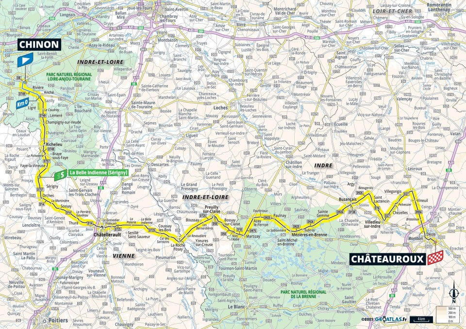 Stage 1: Lille Metropole - Lille Metropole, 185km - Flat, Stage 2: Lauwin-Planque - Bologne-sur-Mer, 212km - Hilly, Stage 3: Valenciennes - Dunkerque, 178km - Flat, Stage 4: Amiens Metropole - Rouen, 173km - Hilly, Stage 5: Caen - Caen, 33km - Individual Time Trial, Stage 6: Bayeux - Vire Normandie, 201km - Hilly, Stage 7: Saint-Malo - Mur-de-Bretagne Guerledan, 194km - Hilly, Stage 8: Saint-Meen-le-Grand - Laval Espace Mayenne, 174km - Flat, Stage 9: Chinon - Chateauroux, 170km - Flat, Stage 10: Ennezat - Le Mont-Dore Puy de Sancy, 163km - Mountain, Stage 11: Toulouse - Toulouse, 154km - Flat, Stage 12: Auch - Hautacam, 181km - Mountain finish, Stage 13: Loudenvielle - Peyragudes, 11km - Individual Time Trial, Stage 14: Pau - Luchon-Superbagneres, 183km - Mountain finish, Stage 15: Muret - Carcassonne, 169km - Hilly, Stage 16: Montpellier - Mont Ventoux, 172km - Mountain finish, Stage 17: Bollene - Valence, 161km - Flat, Stage 18: Vif - Courchevel Col de la Loze, 171km - Mountain finish, Stage 19: Albertville - La Plagne, 130km - Mountain, Stage 20: Nantua - Pontarlier, 185km - Hilly, Stage 21: Mantes-la-Ville - Paris Champs-Elysees, 120km - Flat