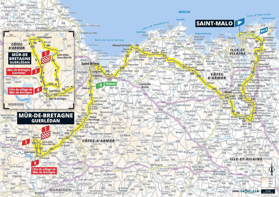 Stage 1: Lille Metropole - Lille Metropole, 185km - Flat, Stage 2: Lauwin-Planque - Bologne-sur-Mer, 212km - Hilly, Stage 3: Valenciennes - Dunkerque, 178km - Flat, Stage 4: Amiens Metropole - Rouen, 173km - Hilly, Stage 5: Caen - Caen, 33km - Individual Time Trial, Stage 6: Bayeux - Vire Normandie, 201km - Hilly, Stage 7: Saint-Malo - Mur-de-Bretagne Guerledan, 194km - Hilly, Stage 8: Saint-Meen-le-Grand - Laval Espace Mayenne, 174km - Flat, Stage 9: Chinon - Chateauroux, 170km - Flat, Stage 10: Ennezat - Le Mont-Dore Puy de Sancy, 163km - Mountain, Stage 11: Toulouse - Toulouse, 154km - Flat, Stage 12: Auch - Hautacam, 181km - Mountain finish, Stage 13: Loudenvielle - Peyragudes, 11km - Individual Time Trial, Stage 14: Pau - Luchon-Superbagneres, 183km - Mountain finish, Stage 15: Muret - Carcassonne, 169km - Hilly, Stage 16: Montpellier - Mont Ventoux, 172km - Mountain finish, Stage 17: Bollene - Valence, 161km - Flat, Stage 18: Vif - Courchevel Col de la Loze, 171km - Mountain finish, Stage 19: Albertville - La Plagne, 130km - Mountain, Stage 20: Nantua - Pontarlier, 185km - Hilly, Stage 21: Mantes-la-Ville - Paris Champs-Elysees, 120km - Flat