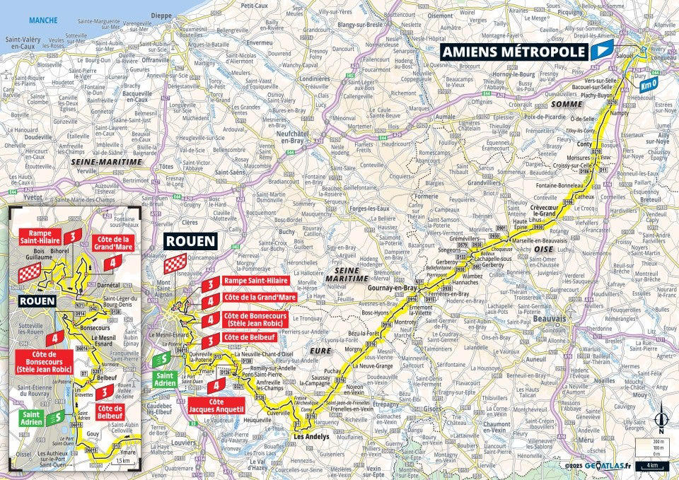 Stage 1: Lille Metropole - Lille Metropole, 185km - Flat, Stage 2: Lauwin-Planque - Bologne-sur-Mer, 212km - Hilly, Stage 3: Valenciennes - Dunkerque, 178km - Flat, Stage 4: Amiens Metropole - Rouen, 173km - Hilly, Stage 5: Caen - Caen, 33km - Individual Time Trial, Stage 6: Bayeux - Vire Normandie, 201km - Hilly, Stage 7: Saint-Malo - Mur-de-Bretagne Guerledan, 194km - Hilly, Stage 8: Saint-Meen-le-Grand - Laval Espace Mayenne, 174km - Flat, Stage 9: Chinon - Chateauroux, 170km - Flat, Stage 10: Ennezat - Le Mont-Dore Puy de Sancy, 163km - Mountain, Stage 11: Toulouse - Toulouse, 154km - Flat, Stage 12: Auch - Hautacam, 181km - Mountain finish, Stage 13: Loudenvielle - Peyragudes, 11km - Individual Time Trial, Stage 14: Pau - Luchon-Superbagneres, 183km - Mountain finish, Stage 15: Muret - Carcassonne, 169km - Hilly, Stage 16: Montpellier - Mont Ventoux, 172km - Mountain finish, Stage 17: Bollene - Valence, 161km - Flat, Stage 18: Vif - Courchevel Col de la Loze, 171km - Mountain finish, Stage 19: Albertville - La Plagne, 130km - Mountain, Stage 20: Nantua - Pontarlier, 185km - Hilly, Stage 21: Mantes-la-Ville - Paris Champs-Elysees, 120km - Flat