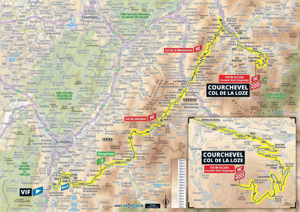 Stage 1: Lille Metropole - Lille Metropole, 185km - Flat, Stage 2: Lauwin-Planque - Bologne-sur-Mer, 212km - Hilly, Stage 3: Valenciennes - Dunkerque, 178km - Flat, Stage 4: Amiens Metropole - Rouen, 173km - Hilly, Stage 5: Caen - Caen, 33km - Individual Time Trial, Stage 6: Bayeux - Vire Normandie, 201km - Hilly, Stage 7: Saint-Malo - Mur-de-Bretagne Guerledan, 194km - Hilly, Stage 8: Saint-Meen-le-Grand - Laval Espace Mayenne, 174km - Flat, Stage 9: Chinon - Chateauroux, 170km - Flat, Stage 10: Ennezat - Le Mont-Dore Puy de Sancy, 163km - Mountain, Stage 11: Toulouse - Toulouse, 154km - Flat, Stage 12: Auch - Hautacam, 181km - Mountain finish, Stage 13: Loudenvielle - Peyragudes, 11km - Individual Time Trial, Stage 14: Pau - Luchon-Superbagneres, 183km - Mountain finish, Stage 15: Muret - Carcassonne, 169km - Hilly, Stage 16: Montpellier - Mont Ventoux, 172km - Mountain finish, Stage 17: Bollene - Valence, 161km - Flat, Stage 18: Vif - Courchevel Col de la Loze, 171km - Mountain finish, Stage 19: Albertville - La Plagne, 130km - Mountain, Stage 20: Nantua - Pontarlier, 185km - Hilly, Stage 21: Mantes-la-Ville - Paris Champs-Elysees, 120km - Flat