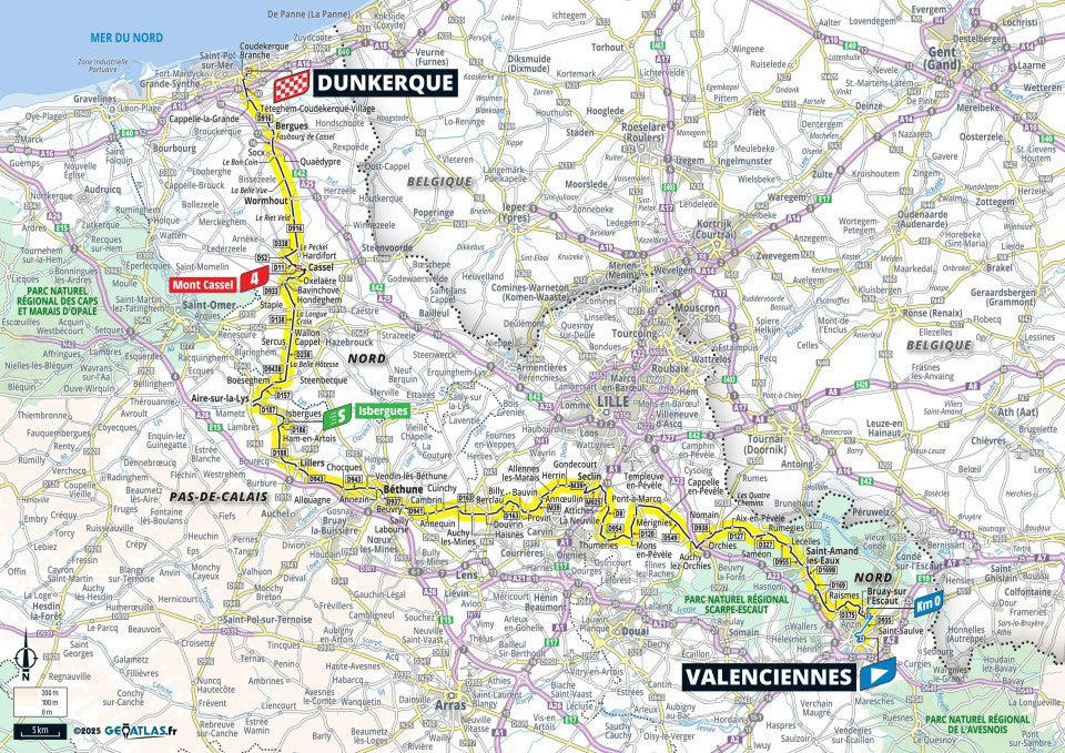 Stage 1: Lille Metropole - Lille Metropole, 185km - Flat, Stage 2: Lauwin-Planque - Bologne-sur-Mer, 212km - Hilly, Stage 3: Valenciennes - Dunkerque, 178km - Flat, Stage 4: Amiens Metropole - Rouen, 173km - Hilly, Stage 5: Caen - Caen, 33km - Individual Time Trial, Stage 6: Bayeux - Vire Normandie, 201km - Hilly, Stage 7: Saint-Malo - Mur-de-Bretagne Guerledan, 194km - Hilly, Stage 8: Saint-Meen-le-Grand - Laval Espace Mayenne, 174km - Flat, Stage 9: Chinon - Chateauroux, 170km - Flat, Stage 10: Ennezat - Le Mont-Dore Puy de Sancy, 163km - Mountain, Stage 11: Toulouse - Toulouse, 154km - Flat, Stage 12: Auch - Hautacam, 181km - Mountain finish, Stage 13: Loudenvielle - Peyragudes, 11km - Individual Time Trial, Stage 14: Pau - Luchon-Superbagneres, 183km - Mountain finish, Stage 15: Muret - Carcassonne, 169km - Hilly, Stage 16: Montpellier - Mont Ventoux, 172km - Mountain finish, Stage 17: Bollene - Valence, 161km - Flat, Stage 18: Vif - Courchevel Col de la Loze, 171km - Mountain finish, Stage 19: Albertville - La Plagne, 130km - Mountain, Stage 20: Nantua - Pontarlier, 185km - Hilly, Stage 21: Mantes-la-Ville - Paris Champs-Elysees, 120km - Flat