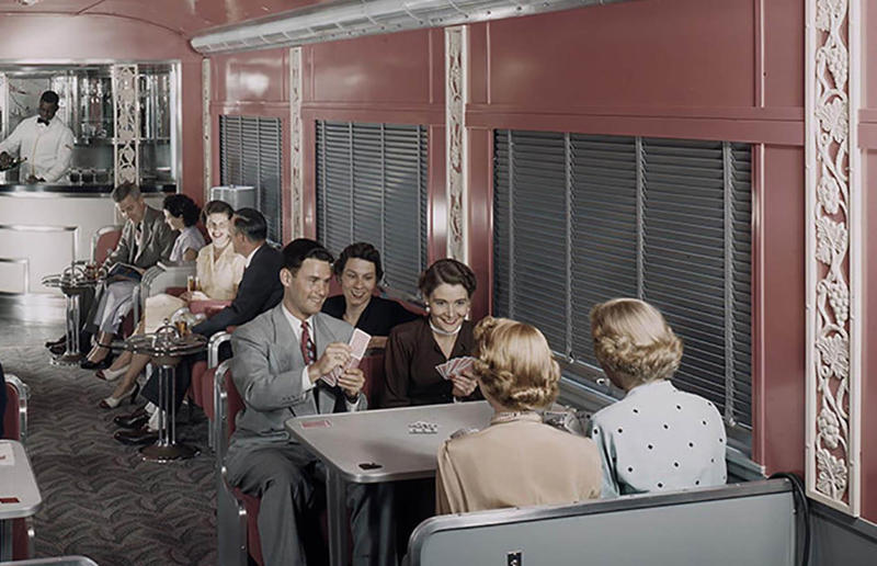 1950s: Lounge on the Southern Pacific Sunset Limited Rail travel through the ages, 1860s: Royals embrace train travel, 1870s: An early railroad bridge in Arizona, 1880s: Luxurious interior of a railroad car, 1880s: First transcontinental train in Canada, 1890s: Dining car on the Chicago Great Western Limited, 1890s: Barber shop on board a train, 1900s: All about comfort, 1910s: Royals on tour, 1910s: Train travel for everyone, 1910s: Darjeeling Himalayan Railway loop, 1920s: First non-stop service of the Flying Scotsman, 1920s: Swedish State Railways Second Class, 1920s: New entertainment on board, 1930s: Films on trains, 1920s: Holiday rush, 1930s: Sleeping in comfort, 1930s: Battling baggage, 1930s: Summer holidays in the Austrian countryside, 1940s: Long-haul journeys in comfort, 1940s: New luxury trains, 1950s: Lounge on the Southern Pacific Sunset Limited, 1960s: A dream of Eurotunnel, 1960s: High-speed rail travel is unveiled in Japan, 1970s: Dome car of the Southwest Limited, 1970s: The inaugural journey of the Indian Pacific, 1970s: Final journey of the Orient Express, 1980s: Business on the go, 1990s: Passengers en route to the Royal Ascot, 1990s: The late Queen Elizabeth II and Prince Philip aboard Eurostar, 2000s: Amtrak employees in front of the new Acela Express train, 2000s: Aboard the American Orient Express, 2010s: High-speed train travel in China