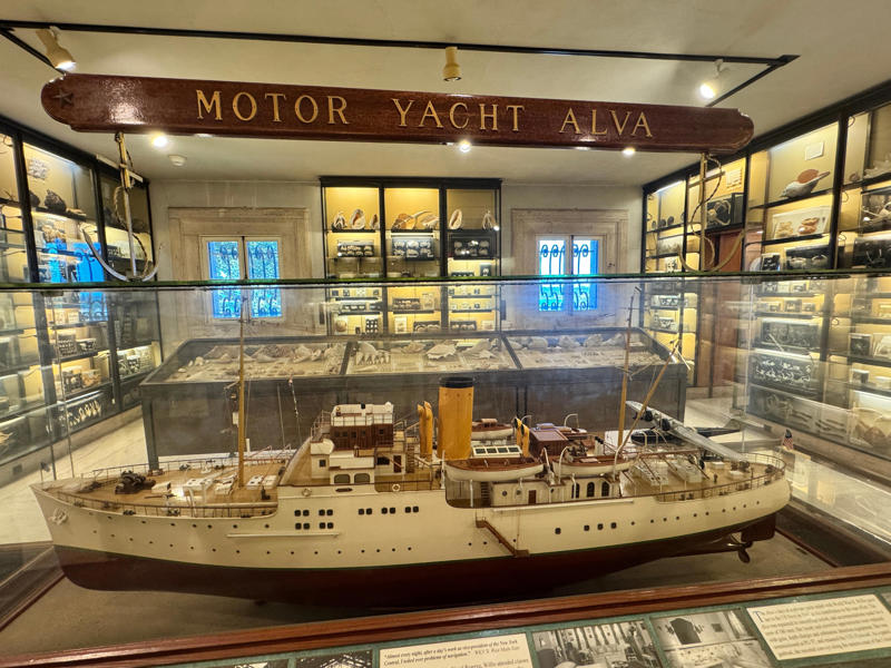 There's also a miniature replica of his yacht, Alva. During World War II, he donated it to the US Navy, and it was renamed the USS Plymouth. It was sunk by U-boats in 1943. Inside the grounds are hiking trails, gardens, and a gift shop., Before I toured the home, I visited the museum grounds., But the landscaping was still immaculate., Then it was time to head over to Eagle's Nest., One side of the mansion is a natural history museum., The first room I saw was the dining room., The ceiling is constructed from Florida cedar, or Southern Red cedar., This is her changing room and bathroom., The house was set on a hill, so the yard was multi-level., First, I walked to the right., There was a large reflecting pool., But the main attraction was, once again, the view., To my surprise, it was a filled-in saltwater pool., They'd even left the ladder in., There were also changing rooms.