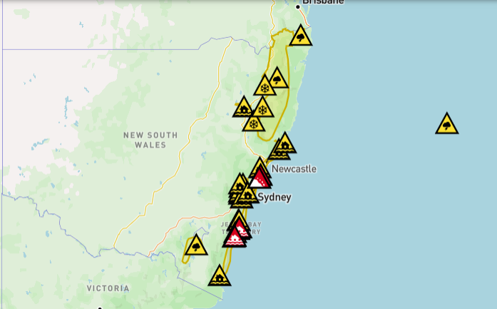 Key Points, Power to most houses to be restored tonight, energy company says, Mapped: Flood watches and warnings today, Entire NSW coastline under coastal hazard warning as dangerous surf continues, Photos: Waterlogging and fallen trees after heavy rain and winds batter NSW, SES responds to thousands of incidents as flash flooding threat grows, Repeated flooding likely to worsen, experts warn, Victoria border communities on watch as storm threatens to shift south, Travel chaos continues as 55 domestic flights cancelled, Low pressure system seen off the coast of NSW, Flood warnings issued for parts of Sydney, Power restored to 30,000 customers, thousands still in the dark, Authorities warn of higher number of emergency calls, What is a ‘bomb cyclone’?, More than 29,000 homes still without power, Severe weather to persist on Wednesday, forecasters say, 140 Sydney flights cancelled amid wild weather; travel insurance warning issued, Which direction is the coastal low heading?, Watch: Coastal residents told to 'evacuate now', Single runway operation begins at Sydney airport, Weather system expected to shift offshore on Wednesday, Qantas cancels arrival celebrations in Sydney for longest commercial flight, Climate change and warm oceans may be fuelling storm intensity, Summary: Here's what you need to know about the storm hitting Australia, Emergency services deployed as storm damage mounts, Over 20 road closures as storm wreaks havoc on NSW transport, Full story: Australia flights cancelled as bomb cyclone hits New South Wales, Power outages climb to 30,000 as storm batters NSW, Video: Wind gusts and large swells in Sydney, Ferries and trains suspended as storm causes major transport chaos in NSW, Mapped: Areas under rainfall and wind warning, Fallen trees spark car crashes on NSW coast, Tens of thousands without power as storm lashes NSW coast, Photos: Large swells seen at beaches, Severe weather to persist tomorrow, easing by Friday, forecasters say, Flights cancelled as storm disrupts Sydney Airport, 'Sheer size' of system is 'enormous', minister says, Emergency evacuations underway on Central Coast as storm batters coastline, 'Stay indoors’ warning as bomb cyclone pummels Australia’s east coast, Sydney Airport down to single runway as winds batter flights