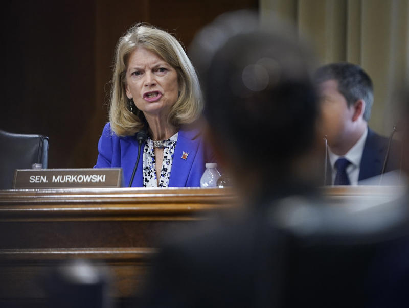 Senator Murkowski questioning Secretary Haaland Senator Lisa Murkowski speaking at a hearing, Statue of William Seward near Alaska Capitol, Senator Murkowski during Doug Burgum’s nomination hearing, Senator Murkowski arriving for Trump’s impeachment trial, Senator Murkowski questioning Secretary Haaland, Senator Murkowski at a budget hearing with Secretary Haaland, Senator Murkowski entering Senate chambers for trial