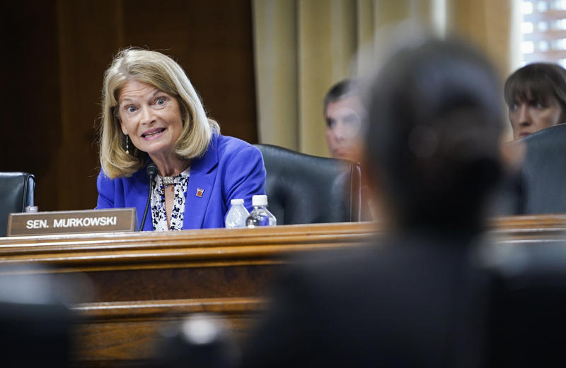 Senator Murkowski at a budget hearing with Secretary Haaland Senator Lisa Murkowski speaking at a hearing, Statue of William Seward near Alaska Capitol, Senator Murkowski during Doug Burgum’s nomination hearing, Senator Murkowski arriving for Trump’s impeachment trial, Senator Murkowski questioning Secretary Haaland, Senator Murkowski at a budget hearing with Secretary Haaland, Senator Murkowski entering Senate chambers for trial