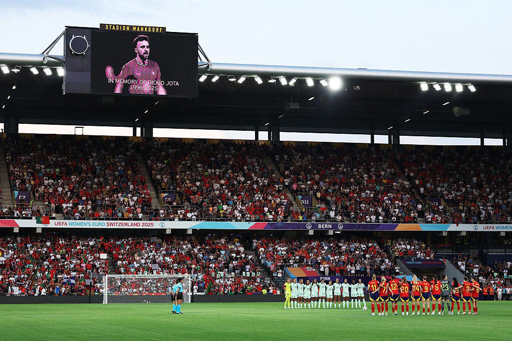 Euro 2025: Latest scores and updates, 'Thank you for everything Diogo Jota', FULL TIME! Spain 5-0 Portugal, GOAL! Spain 5-0 Portugal, Spain 4-0 Portugal, Spain 4-0 Portugal, Spain 4-0 Portugal, Spain 4-0 Portugal, Half time: Spain 4-0 Portugal, HALF TIME! Spain 4-0 Portugal, GOAAAAL! Spain 4-0 Portugal, GOOOAL! Spain 3-0 Portugal, Spain 2-0 Portugal, Spain 2-0 Portugal, Spain 2-0 Portugal, GOOOOOAL! Spain 2-0 Portugal, GOOOOOAL! Spain 1-0 Portugal, Spain v Portugal: Moment of silence for Diogo Jota, Spain v Portugal, Uefa confirm moment of silence before Euro 2025 games, Portugal fans pay tribute to Diogo Jota at Euro 2025 game, Spain vs Portugal: Team news as Aitana Bonmati on the bench, ‘They stole it from us’: How Spain can reclaim their moment, Lionesses 'shocked' by Diogo Jota's death, FULL TIME! Belgium 0-1 Italy, Belgium 0-1 Italy, Portuguese Football Federation's tribute to Diogo Jota, GOAL! Belgium 0-1 Italy, Portugal's Jessica Silva pays heartfelt tribute to Diogo Jota, Euro 2025: Tributes paid to Diogo Jota, Good evening