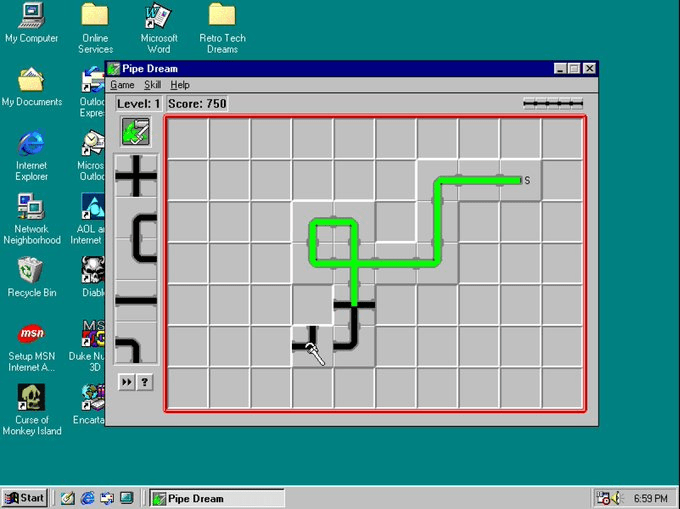 Pipe Dream (Image 23 of 33) Lotus Organizer (1992) (Image 1 of 33), Lemmings (1991) (Image 2 of 33), Can anyone else hear this screenshot? (Image 4 of 33), Lancia Orca (1982) (Image 5 of 33), VAIO Space (1996) (Image 6 of 33), Hewlett Packard HP-01 Calculator Watch (1977) (Image 7 of 33), MSN Gaming Zone (2000) (Image 8 of 33), SimFarm (1993) (Image 9 of 33), Sam & Max Hit the Road (1993) (Image 10 of 33), Realistic 6-Disc CD Changer (1989) (Image 11 of 33), RCA Dimensia (1985) (Image 12 of 33), Windows Media Player: Professional skin (2001) (Image 13 of 33), Google (2003) (Image 14 of 33), Nokia 5110 (1998) (Image 15 of 33), The Logitech T-CD2-6F TrackMan (Image 16 of 33), Windows XP Control Panel (Image 17 of 33), MechWarrior 2 (1995) (Image 18 of 33), Marantz (1985) (Image 19 of 33), Mac OS had themes (Image 20 of 33), The most 90s mouse (Image 21 of 33), America Online (Image 22 of 33), Pipe Dream (Image 23 of 33), Apple prototype (1995), photo from Macworld (Image 24 of 33), Windows 98 Plus: Falling Leaves (Image 25 of 33), Netscape Destinations (1996) (Image 26 of 33), I miss LAN parties (Image 27 of 33), Sharp PC-E500, Pocket Computer (1989) (Image 28 of 33), FACOM G-150A from Japan (1987) (Image 29 of 33), This looks about right (Image 30 of 33), Yahoo! Games (Image 31 of 33), SparkNotes (2002) (Image 32 of 33), Windows 98 Setup (Image 33 of 33)