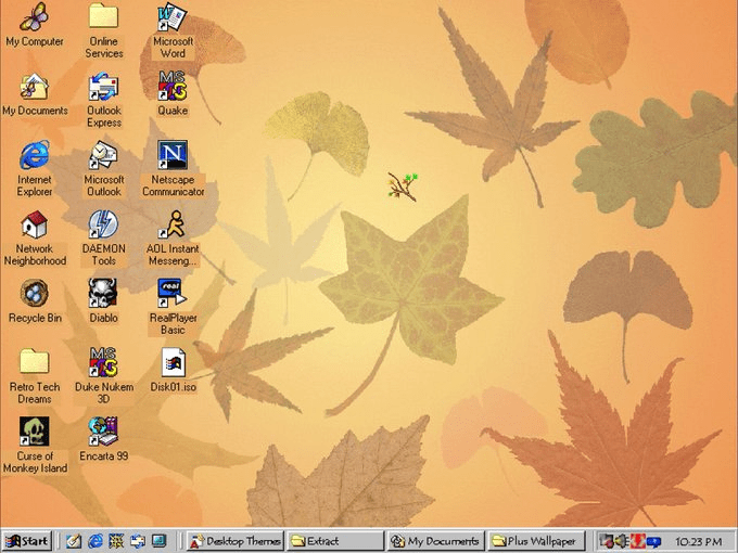 Windows 98 Plus: Falling Leaves (Image 25 of 33) Lotus Organizer (1992) (Image 1 of 33), Lemmings (1991) (Image 2 of 33), Can anyone else hear this screenshot? (Image 4 of 33), Lancia Orca (1982) (Image 5 of 33), VAIO Space (1996) (Image 6 of 33), Hewlett Packard HP-01 Calculator Watch (1977) (Image 7 of 33), MSN Gaming Zone (2000) (Image 8 of 33), SimFarm (1993) (Image 9 of 33), Sam & Max Hit the Road (1993) (Image 10 of 33), Realistic 6-Disc CD Changer (1989) (Image 11 of 33), RCA Dimensia (1985) (Image 12 of 33), Windows Media Player: Professional skin (2001) (Image 13 of 33), Google (2003) (Image 14 of 33), Nokia 5110 (1998) (Image 15 of 33), The Logitech T-CD2-6F TrackMan (Image 16 of 33), Windows XP Control Panel (Image 17 of 33), MechWarrior 2 (1995) (Image 18 of 33), Marantz (1985) (Image 19 of 33), Mac OS had themes (Image 20 of 33), The most 90s mouse (Image 21 of 33), America Online (Image 22 of 33), Pipe Dream (Image 23 of 33), Apple prototype (1995), photo from Macworld (Image 24 of 33), Windows 98 Plus: Falling Leaves (Image 25 of 33), Netscape Destinations (1996) (Image 26 of 33), I miss LAN parties (Image 27 of 33), Sharp PC-E500, Pocket Computer (1989) (Image 28 of 33), FACOM G-150A from Japan (1987) (Image 29 of 33), This looks about right (Image 30 of 33), Yahoo! Games (Image 31 of 33), SparkNotes (2002) (Image 32 of 33), Windows 98 Setup (Image 33 of 33)