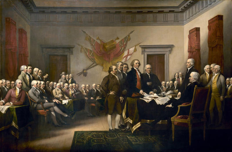 “God Bless America” (1918), by Irving Berlin, “The Declaration of Independence, July 4, 1776” (1786-1820), by John Trumbull, “Passage of the Delaware” (1819), by Thomas Sully, “The Union: Concert Paraphrase on National Airs” (1862), by Louis Moreau Gottschalk, “The Stars and Stripes Forever” (1896), by John Philip Sousa, “The Fourth of July, 1916” (1916), by Childe Hassam, “The Star-Spangled Banner” (1814), by Francis Scott Key, “Equestrian Statue of George Washington” (1856), by Henry Kirke Brown, “Paul Revere’s Ride” (1860), by Henry Wadsworth Longfellow, “Flag” (1954-55), by Jasper Johns