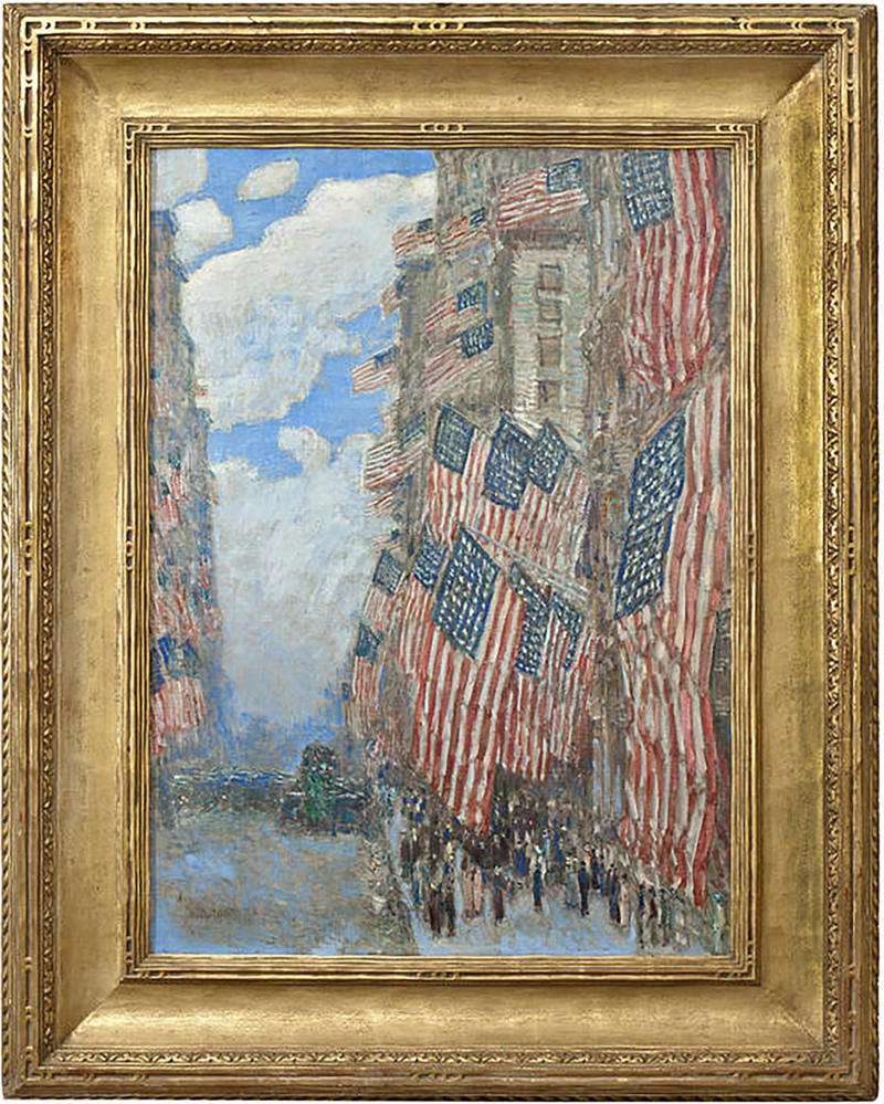 “God Bless America” (1918), by Irving Berlin, “The Declaration of Independence, July 4, 1776” (1786-1820), by John Trumbull, “Passage of the Delaware” (1819), by Thomas Sully, “The Union: Concert Paraphrase on National Airs” (1862), by Louis Moreau Gottschalk, “The Stars and Stripes Forever” (1896), by John Philip Sousa, “The Fourth of July, 1916” (1916), by Childe Hassam, “The Star-Spangled Banner” (1814), by Francis Scott Key, “Equestrian Statue of George Washington” (1856), by Henry Kirke Brown, “Paul Revere’s Ride” (1860), by Henry Wadsworth Longfellow, “Flag” (1954-55), by Jasper Johns