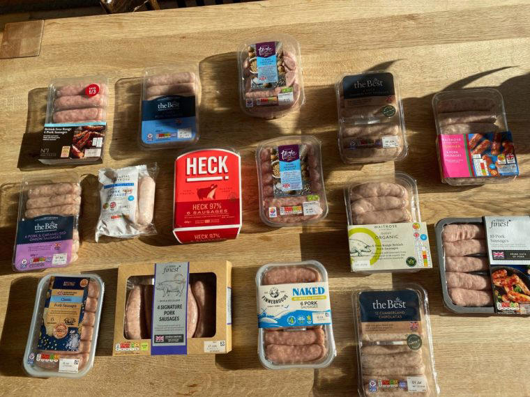 1. Tesco Finest 4 Signature Pork Sausages, £4, 2. Sainsbury’s Taste the Difference 6 Pork Sausages, £3, 3. Morrison’s The Best 6 Thick Cumberland Sausages, £3.25, 4. Aldi Specially Selected 6 Classic Pork Sausages, £2.49, 5. Essential Waitrose 8 British Pork Sausages, £2.15, 6. No. 1 Waitrose British Free Range 6 Pork Sausages, £4.75, 7. Waitrose Summer 6 Pork Sausages, £4, 8. Waitrose Duchy Organic 6 Free Range British Pork Sausages, £5.35, 9. Heck 97% 6 Pork Sausages, ASDA, £3.18, 10. Morrison’s The Best 6 Pork & Caramelised Onion Sausages, £3.25, 11. Finnebrogue Naked 6 Pork Sausages, Ocado, £3.50, 12. Tesco Finest 10 Pork Sausages, £4.15