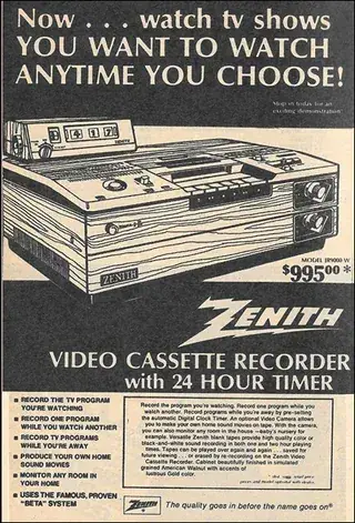 15. The VHS Recorder 1. Coleco Telstar, 2. The Bell Picturephone, 3. The Magnavox Odyssey, 4. The Sony Walkman, 5. The Eight-Track Tape Player, 6. The Clapper, 7. Mattel Electronic Football, 8. The Clairol Pretty Power Hair Dryer, 9. The Speak & Spell, 10. The HP-35, 11. The Pulsar Time Computer, 12. The Laserdisc, 13. The Kodak Pocket Instamatic 110, 14. The Atari Pong Console, 15. The VHS Recorder, 16. The CB Radio, 17. Betamax, 18. The Sebring-Vanguard City Car, 19. The Atari 2600