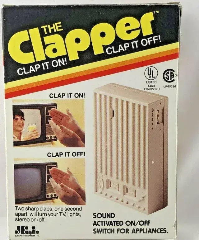 6. The Clapper 1. Coleco Telstar, 2. The Bell Picturephone, 3. The Magnavox Odyssey, 4. The Sony Walkman, 5. The Eight-Track Tape Player, 6. The Clapper, 7. Mattel Electronic Football, 8. The Clairol Pretty Power Hair Dryer, 9. The Speak & Spell, 10. The HP-35, 11. The Pulsar Time Computer, 12. The Laserdisc, 13. The Kodak Pocket Instamatic 110, 14. The Atari Pong Console, 15. The VHS Recorder, 16. The CB Radio, 17. Betamax, 18. The Sebring-Vanguard City Car, 19. The Atari 2600