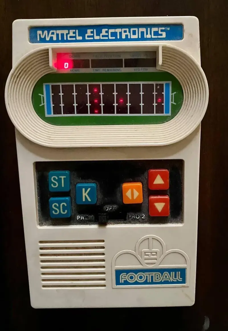7. Mattel Electronic Football 1. Coleco Telstar, 2. The Bell Picturephone, 3. The Magnavox Odyssey, 4. The Sony Walkman, 5. The Eight-Track Tape Player, 6. The Clapper, 7. Mattel Electronic Football, 8. The Clairol Pretty Power Hair Dryer, 9. The Speak & Spell, 10. The HP-35, 11. The Pulsar Time Computer, 12. The Laserdisc, 13. The Kodak Pocket Instamatic 110, 14. The Atari Pong Console, 15. The VHS Recorder, 16. The CB Radio, 17. Betamax, 18. The Sebring-Vanguard City Car, 19. The Atari 2600