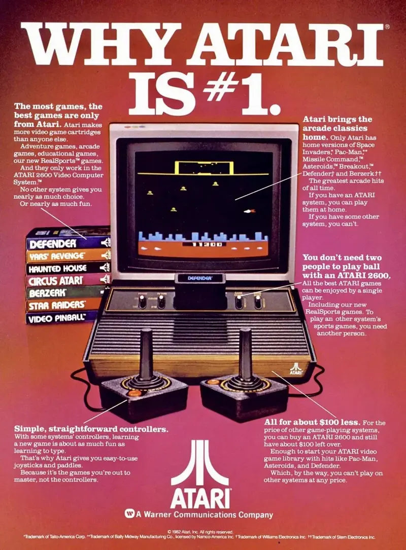 19. The Atari 2600 1. Coleco Telstar, 2. The Bell Picturephone, 3. The Magnavox Odyssey, 4. The Sony Walkman, 5. The Eight-Track Tape Player, 6. The Clapper, 7. Mattel Electronic Football, 8. The Clairol Pretty Power Hair Dryer, 9. The Speak & Spell, 10. The HP-35, 11. The Pulsar Time Computer, 12. The Laserdisc, 13. The Kodak Pocket Instamatic 110, 14. The Atari Pong Console, 15. The VHS Recorder, 16. The CB Radio, 17. Betamax, 18. The Sebring-Vanguard City Car, 19. The Atari 2600