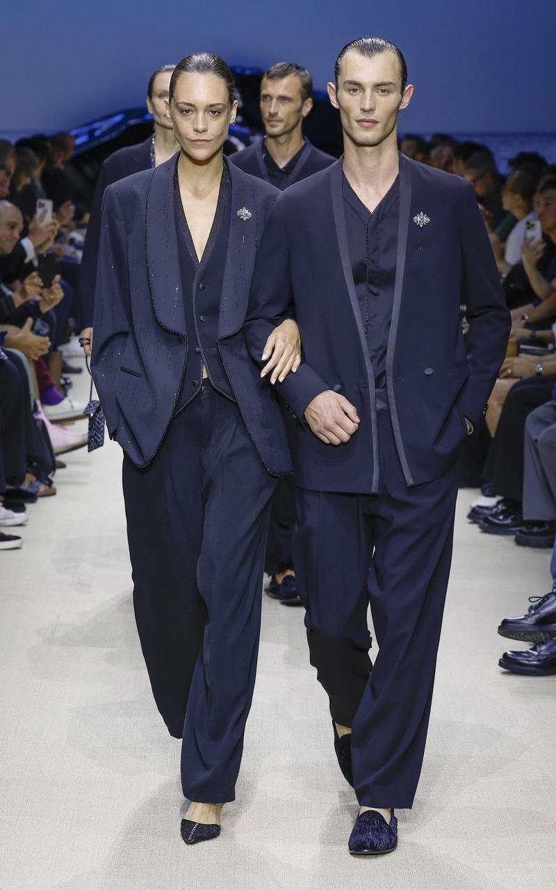 A model wearing an original creation from the spring summer 2026 mens collections from the house of Giorgio Armani Menswear, summer 2026, Giorgio Armani, Milano, Italy Louis Vuitton, Louis Vuitton Menswear 2025/6, Saint Laurent, Saint Laurent Men's Show 2025/6, Giorgio Armani, Prada by Stephen Doig, Dolce & Gabbana