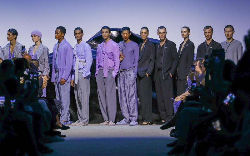 A model wearing an original creation from the spring summer 2026 mens collections from the house of Giorgio Armani Menswear, summer 2026, Giorgio Armani, Milano, Italy Louis Vuitton, Louis Vuitton Menswear 2025/6, Saint Laurent, Saint Laurent Men's Show 2025/6, Giorgio Armani, Prada by Stephen Doig, Dolce & Gabbana