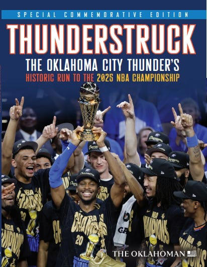 Watch OKC Thunder championship parade live stream, Crowds brave heat wave at OKC parade, SGA's dad: 'That's what I'm more proud of - the off-the-court stuff', Players take the mic at OKC Thunder Championship post-parade program, OKC mayor declares day for each Thunder player, OKC Thunder player buses arrive at Scissortail Park, Social media reacts to OKC Thunder parade crowd size, Social media reacts to OKC Thunder players cheering with fans during parade, Nick Gallo leaves bus, takes drink with Isaiah Hartenstein on parade, OKC Mayor David Holt, family rally parade crowd, OKC parade starts, Thunder mascot leads crowd in cheers, What is the OKC Thunder parade route?, What time does the OKC Thunder parade start?, Kenrich Williams sports triple-Williams custom jersey to NBA championship celebration, Shai Gilgeous-Alexander: We do everything together, Jaylin Williams: 'These are my brothers', Jalen Williams: 'We're gonna enjoy this moment, for sure', Chet Holmgren speaks to crowd holding trophy, Alex Caruso, Kenrich Williams thank fans for support, Fans gather outside Paycom at Scissortail Park, Aaron Wiggins speaks to crowd, cheers Collison, OKC Thunder players fashion features Nick Collison shirt, Canadian flag, Fans cheer as OKC Thunder players enter Paycom, OKC Thunder ceremony starts at Paycom Center, OKC Thunder set for celebration at Paycom Center before NBA championship parade, What is the OKC Thunder parade route?, NWS warns of hot, muggy conditions, OKC Thunder championship books