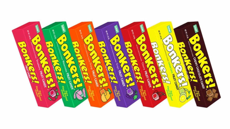 Hershey's Bar None, Marathon Bar, Wonka Bar, Mr. Bones Puzzle Candy, Bonkers!, Reggie! Chocolate Bar, Astronauts, Astro Pops, Gold Mine Nugget Bubble Gum, Life Savers Swirled Lollipops, Candy Cigarettes, Sweet Memories