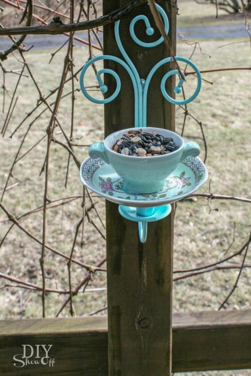 11) Tea Cup Candle Sconce Bird Feeder 9) Soda Bottle Bird Feeder, 10) Tea Cup Bird Feeder, 11) Tea Cup Candle Sconce Bird Feeder, 12) Bird and Butterfly Water Feeder, 14) Acorn Bird Feeder, 15) Pine Cone Bird Feeders, 16) Glass Shade Bird Feeder