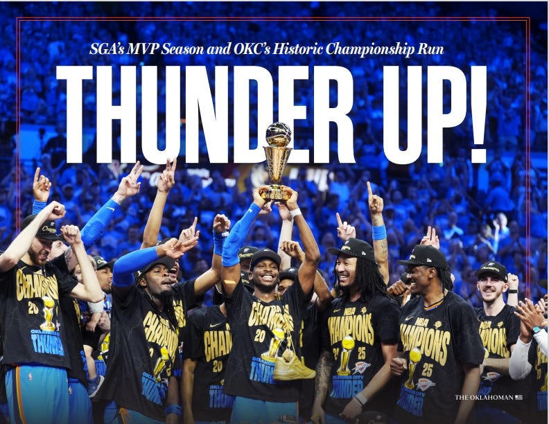 Watch OKC Thunder championship parade live stream, Crowds brave heat wave at OKC parade, SGA's dad: 'That's what I'm more proud of - the off-the-court stuff', Players take the mic at OKC Thunder Championship post-parade program, OKC mayor declares day for each Thunder player, OKC Thunder player buses arrive at Scissortail Park, Social media reacts to OKC Thunder parade crowd size, Social media reacts to OKC Thunder players cheering with fans during parade, Nick Gallo leaves bus, takes drink with Isaiah Hartenstein on parade, OKC Mayor David Holt, family rally parade crowd, OKC parade starts, Thunder mascot leads crowd in cheers, What is the OKC Thunder parade route?, What time does the OKC Thunder parade start?, Kenrich Williams sports triple-Williams custom jersey to NBA championship celebration, Shai Gilgeous-Alexander: We do everything together, Jaylin Williams: 'These are my brothers', Jalen Williams: 'We're gonna enjoy this moment, for sure', Chet Holmgren speaks to crowd holding trophy, Alex Caruso, Kenrich Williams thank fans for support, Fans gather outside Paycom at Scissortail Park, Aaron Wiggins speaks to crowd, cheers Collison, OKC Thunder players fashion features Nick Collison shirt, Canadian flag, Fans cheer as OKC Thunder players enter Paycom, OKC Thunder ceremony starts at Paycom Center, OKC Thunder set for celebration at Paycom Center before NBA championship parade, What is the OKC Thunder parade route?, NWS warns of hot, muggy conditions, OKC Thunder championship books