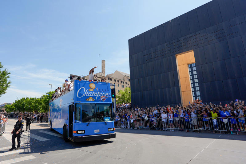 Watch OKC Thunder championship parade live stream, Crowds brave heat wave at OKC parade, SGA's dad: 'That's what I'm more proud of - the off-the-court stuff', Players take the mic at OKC Thunder Championship post-parade program, OKC mayor declares day for each Thunder player, OKC Thunder player buses arrive at Scissortail Park, Social media reacts to OKC Thunder parade crowd size, Social media reacts to OKC Thunder players cheering with fans during parade, Nick Gallo leaves bus, takes drink with Isaiah Hartenstein on parade, OKC Mayor David Holt, family rally parade crowd, OKC parade starts, Thunder mascot leads crowd in cheers, What is the OKC Thunder parade route?, What time does the OKC Thunder parade start?, Kenrich Williams sports triple-Williams custom jersey to NBA championship celebration, Shai Gilgeous-Alexander: We do everything together, Jaylin Williams: 'These are my brothers', Jalen Williams: 'We're gonna enjoy this moment, for sure', Chet Holmgren speaks to crowd holding trophy, Alex Caruso, Kenrich Williams thank fans for support, Fans gather outside Paycom at Scissortail Park, Aaron Wiggins speaks to crowd, cheers Collison, OKC Thunder players fashion features Nick Collison shirt, Canadian flag, Fans cheer as OKC Thunder players enter Paycom, OKC Thunder ceremony starts at Paycom Center, OKC Thunder set for celebration at Paycom Center before NBA championship parade, What is the OKC Thunder parade route?, NWS warns of hot, muggy conditions, OKC Thunder championship books