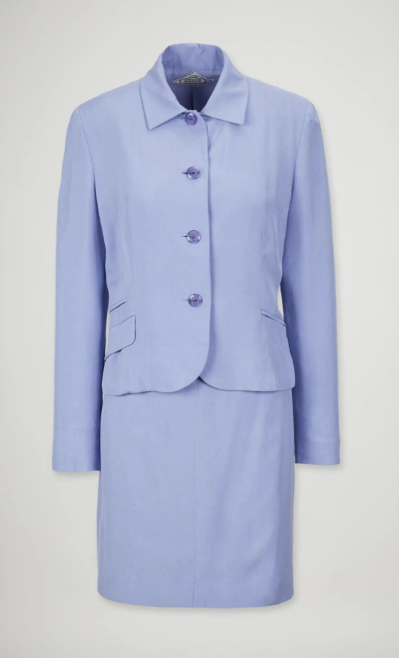 The ‘Honeymoon Send Off’ hat, Two-tone Chanel pumps, Atelier Versace lilac skirt suit, Majenta ski-suit, Tourmaline and gold brooch, Framed artwork, 1953 Cafe de Paris Coronation Gala Dinner Menu, Purple pencil skirt