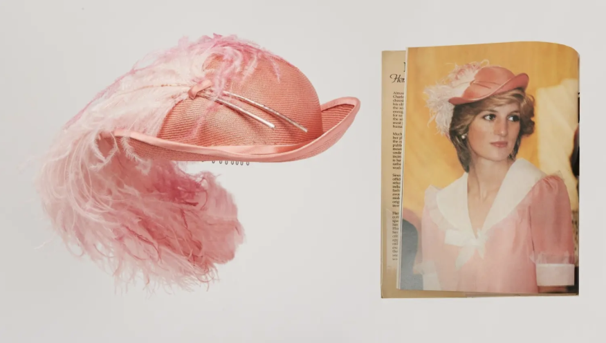 The ‘Honeymoon Send Off’ hat, Two-tone Chanel pumps, Atelier Versace lilac skirt suit, Majenta ski-suit, Tourmaline and gold brooch, Framed artwork, 1953 Cafe de Paris Coronation Gala Dinner Menu, Purple pencil skirt