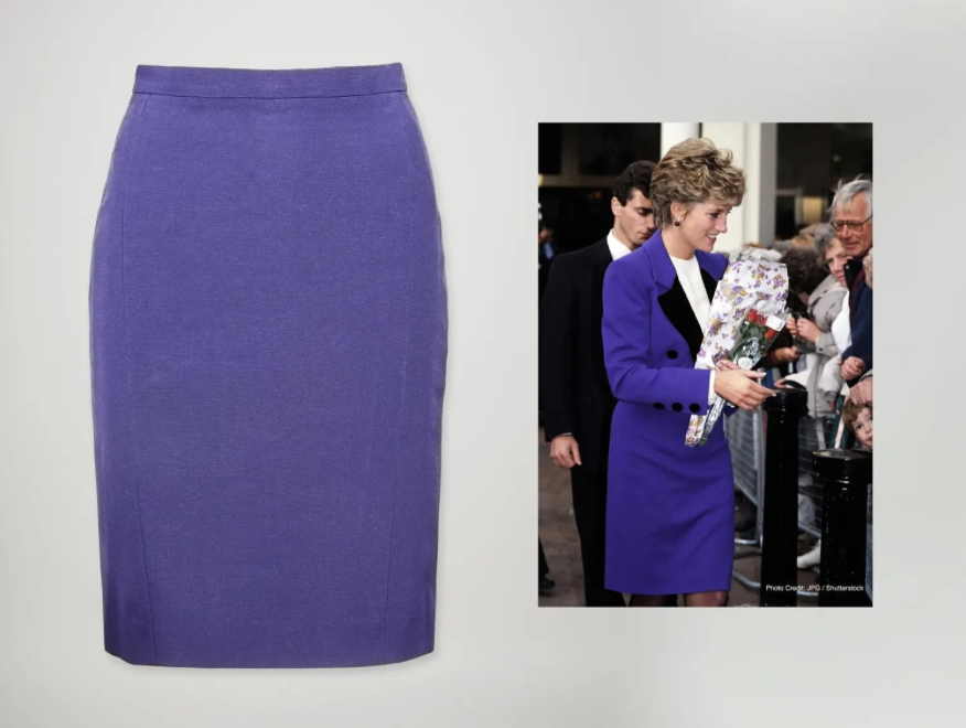 The ‘Honeymoon Send Off’ hat, Two-tone Chanel pumps, Atelier Versace lilac skirt suit, Majenta ski-suit, Tourmaline and gold brooch, Framed artwork, 1953 Cafe de Paris Coronation Gala Dinner Menu, Purple pencil skirt