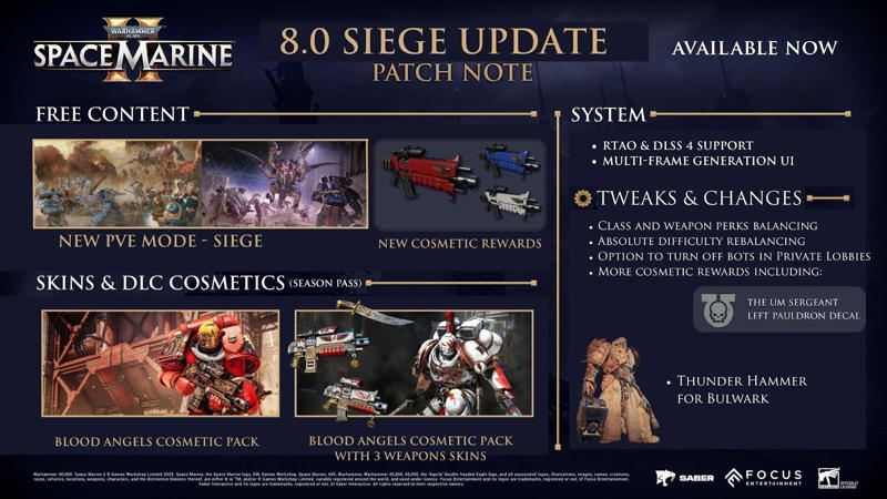 Warhammer 40,000 Siege mode and Update 8 patch notes:, Prestige Perks Class Update, Class Perks Updates, Weapon Perks Update, Firearms (PvE Only), Customisation, General Fixes