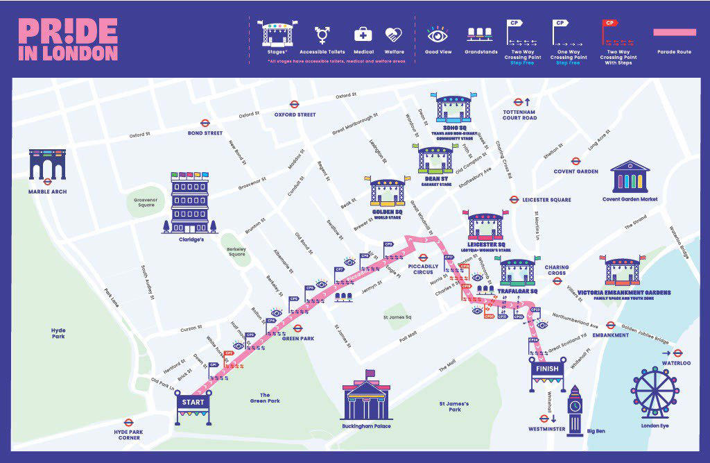 When does the London Pride parade start?, What route will the London Pride parade take?, Latest London news , Where are the stages at London Pride?, How else is London Pride being celebrated today?