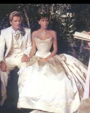 Vera Wang spent years making the dress., It ‘flew back and forth’ across the pond for fittings., It’s a champagne ball gown with a 20-foot train., The dress is worth an estimated 0,000., Victoria chose a purple Antonio Berardi dress for the reception., Victoria wore her wedding dress again in 2018.