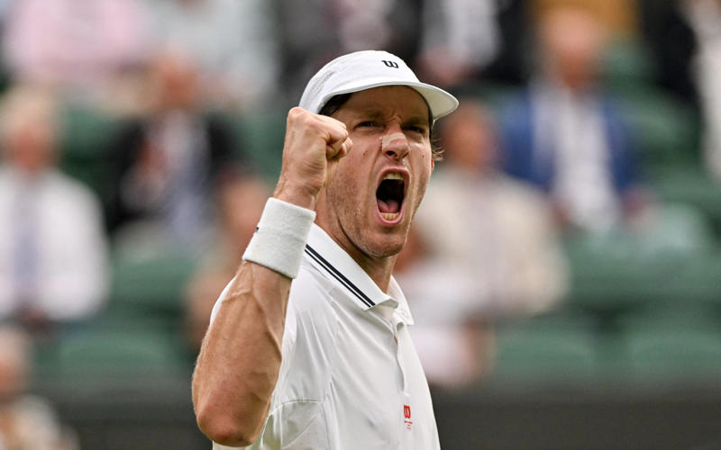 07:24 PM BST, Victory moment for Norrie, 07:22 PM BST, Today’s men’s results and latest scores, 07:17 PM BST, The thoughts of Cameron Norrie, 07:09 PM BST, Meanwhile on Centre Court, 07:07 PM BST, What a match!, 07:06 PM BST, Norrie into the quarter-finals, 07:03 PM BST, Norrie 6-3, 7-6 (7-4), 6-7 (7-9), 6-7 (5-7), 5-3 Jarry*, 06:57 PM BST, Norrie* 6-3, 7-6 (7-4), 6-7 (7-9), 6-7 (5-7), 5-2 Jarry, 06:53 PM BST, Norrie 6-3, 7-6 (7-4), 6-7 (7-9), 6-7 (5-7), 4-2 Jarry*, 06:43 PM BST, Norrie* 6-3, 7-6 (7-4), 6-7 (7-9), 6-7 (5-7), 4-1 Jarry, 06:41 PM BST, Norrie 6-3, 7-6 (7-4), 6-7 (7-9), 6-7 (5-7), 3-1 Jarry*, 06:37 PM BST, Norrie* 6-3, 7-6 (7-4), 6-7 (7-9), 6-7 (5-7), 3-0 Jarry, 06:27 PM BST, Norrie 6-3, 7-6 (7-4), 6-7 (7-9), 6-7 (5-7), 2-0 Jarry*, 06:21 PM BST, Fifth set: Norrie* 6-3, 7-6 (7-4), 6-7 (7-9), 6-7 (5-7), 1-0 Jarry, 06:12 PM BST, Jarry takes us to decider, 06:03 PM BST, Norrie* 6-3, 7-6 (7-4), 6-7 (7-9), 6-6 Jarry, 05:57 PM BST, Norrie 6-3, 7-6 (7-4), 6-7 (7-9), 5-6 Jarry*, 05:55 PM BST, Norrie* 6-3, 7-6 (7-4), 6-7 (7-9), 5-5 Jarry, 05:50 PM BST, Norrie 6-3, 7-6 (7-4), 6-7 (7-9), 4-5 Jarry*, 05:45 PM BST, Norrie* 6-3, 7-6 (7-4), 6-7 (7-9), 4-4 Jarry, 05:40 PM BST, Norrie 6-3, 7-6 (7-4), 6-7 (7-9), 3-4 Jarry*, 05:38 PM BST, Norrie* 6-3, 7-6 (7-4), 6-7 (7-9), 3-3 Jarry, 05:28 PM BST, Norrie 6-3, 7-6 (7-4), 6-7 (7-9), 2-3 Jarry*, 05:23 PM BST, Norrie* 6-3, 7-6 (7-4), 6-7 (7-9), 2-2 Jarry, 05:21 PM BST, Norrie 6-3, 7-6 (7-4), 6-7 (7-9), 1-2 Jarry*, 05:17 PM BST, Norrie* 6-3, 7-6 (7-4), 6-7 (7-9), 1-1 Jarry, 05:14 PM BST, Fourth set: Norrie 6-3, 7-6 (7-4), 6-7 (7-9), 0-1 Jarry*, 05:09 PM BST, Jarry claims the third set in a tie-break, 04:57 PM BST, Norrie 6-3, 7-6 (7-4), 6-6 Jarry*, 04:54 PM BST, Norrie* 6-3, 7-6 (7-4), 6-5 Jarry, 04:51 PM BST, Norrie 6-3, 7-6 (7-4), 5-5 Jarry*, 04:47 PM BST, Norrie* 6-3, 7-6 (7-4), 5-4 Jarry, 04:45 PM BST, Norrie 6-3, 7-6 (7-4), 4-4 Jarry*, 04:42 PM BST, Norrie* 6-3, 7-6 (7-4), 4-3 Jarry, 04:37 PM BST, Norrie 6-3, 7-6 (7-4), 3-3 Jarry*, 04:33 PM BST, Norrie* 6-3, 7-6 (7-4), 3-2 Jarry, 04:30 PM BST, Norrie 6-3, 7-6 (7-4), 2-2 Jarry*, 04:21 PM BST, Norrie* 6-3, 7-6 (7-4), 2-1 Jarry, 04:20 PM BST, Norrie 6-3, 7-6 (7-4), 1-1 Jarry*, 04:15 PM BST, Third set: Norrie* 6-3, 7-6 (7-4), 1-0 Jarry, 04:07 PM BST, Norrie takes second set 7-6 (7-4), 03:59 PM BST, Norrie* 6-3, 6-6 Jarry, 03:55 PM BST, Norrie 6-3, 5-6 Jarry*, 03:53 PM BST, Norrie* 6-3, 5-5 Jarry, 03:49 PM BST, Norrie 6-3, 4-5 Jarry*, 03:45 PM BST, Norrie* 6-3, 4-4 Jarry, 03:41 PM BST, Norrie 6-3, 3-4 Jarry*, 03:36 PM BST, Norrie* 6-3, 3-3 Jarry, 03:31 PM BST, Norrie 6-3, 2-3 Jarry*, 03:27 PM BST, Norrie* 6-3, 2-2 Jarry, 03:24 PM BST, Norrie 6-3, 1-2 Jarry*, 03:20 PM BST, Norrie* 6-3, 1-1 Jarry, 03:17 PM BST, Second set: Norrie 6-3, 0-1 Jarry*, 03:09 PM BST, Norrie takes first set 6-3, 03:06 PM BST, Norrie 5-3 Jarry*, 03:01 PM BST, Norrie* 4-3 Jarry, 02:58 PM BST, Norrie 3-3 Jarry*, 02:55 PM BST, Norrie* 3-2 Jarry, 02:53 PM BST, Norrie 2-2 Jarry*, 02:49 PM BST, Norrie* 2-1 Jarry, 02:47 PM BST, Norrie 1-1 Jarry*, 02:42 PM BST, First set: Cameron Norrie* 1-0 Nicolas Jarry (*denotes server), 02:38 PM BST, Here we go, 02:35 PM BST, Nearly ready for action, 02:33 PM BST, Route to this stage, 02:29 PM BST, On Centre Court, 02:25 PM BST, Thank goodness for a roof!, 02:18 PM BST, GB Davis Cup captain Leon Smith on BBC Radio 5 Live, 02:13 PM BST, Earlier than planned, 02:10 PM BST, Can Norrie reach the quarter-finals?